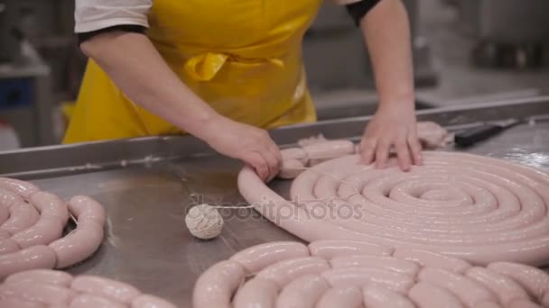 Produção de salsichas. Açougueiro fazendo delicadeza de carne em um equipamento automatizado de processamento de carne . — Vídeo de Stock