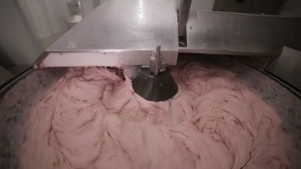 육류와 식품 공장에서 핫도그와 소시지를 만들기 위한 향신료 혼합 다진된 고기 생산을 위한 기계. — 비디오