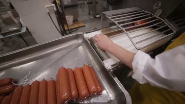 Производство мясных деликатесов. Рабочие руки эксплуатируют автоматизированную производственную линию колбас и мясных изделий . — стоковое видео