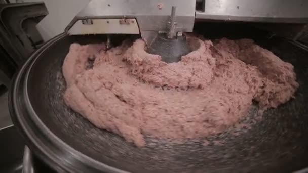 М'ясо фаршу, мелене м'ясо в промисловій подрібненій машині. Змішування м'яса та спецій для приготування хот-догів та ковбас на харчовій фабриці . — стокове відео