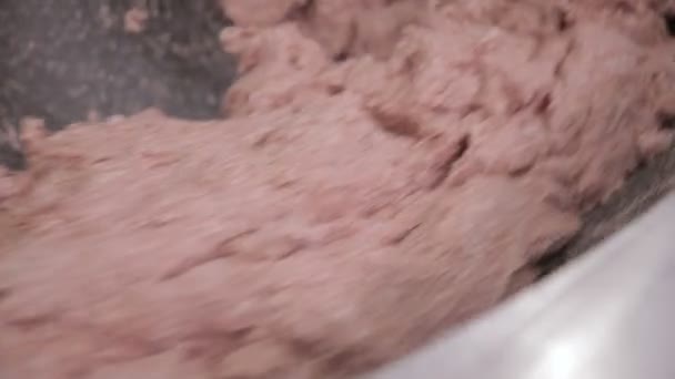 Мясо, молотое мясо в промышленном вертолетном аппарате. Смешивание мяса и специй для приготовления хот-догов и колбас на пищевой фабрике . — стоковое видео