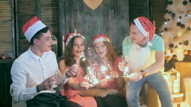 Grupo de amigos comemorando o Natal, Ano Novo . — Vídeo de Stock