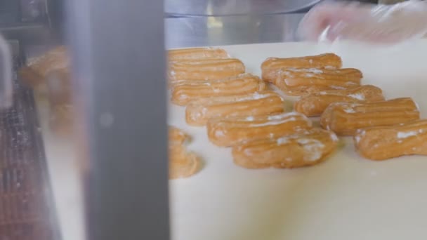 Pasta şefi el koyarak eklerleri, tatlılar bir üretim hattı üzerinde. Konveyör hattı eklerleri hareketli. — Stok video