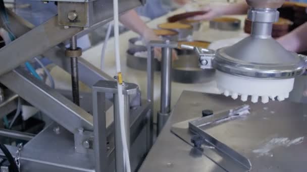 Machine de production automatisée de gâteaux. Confiseurs travaillant sur des gâteaux produisant des équipements dans la boulangerie, ligne de production de gâteaux . — Video