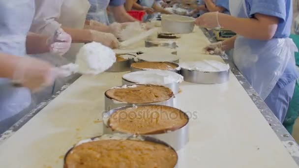 Sütemények termelés gyári. Kezek, főzés, készül a sütemények a szállítószalag. Díszítő sütemények egy pékségben. — Stock videók