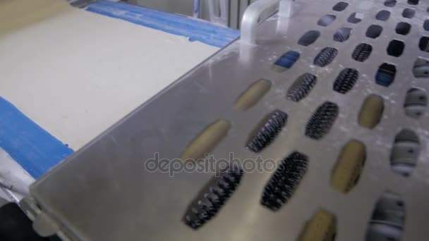 Linea di produzione automatizzata del pane. Trasportatore industriale con movimento della pasta . — Video Stock