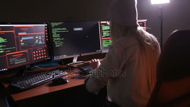 Hacker woman working. Computer security concept. — Stock Video