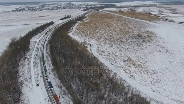 Railroad delivery. Freight train with cargo vagons and tanks passing by. Aerial. — Stock Video
