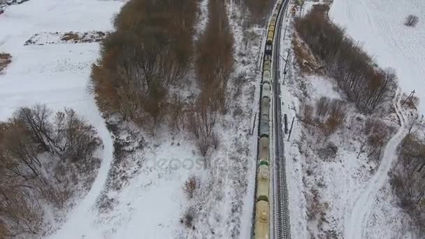Railroad delivery. Freight train with cargo vagons and tanks passing by. Aerial. — Stock Video