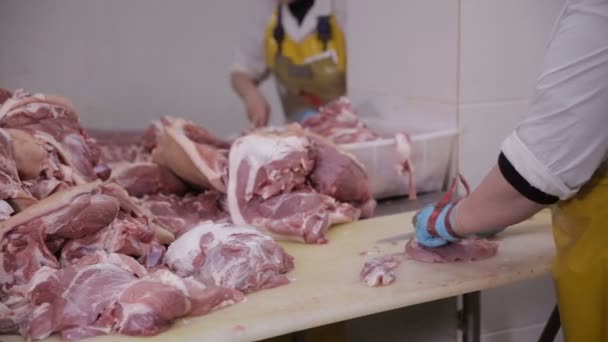 Voedingsindustrie, vleesverwerking. Slagers snijden van varkensvlees in een fabriek van vlees. — Stockvideo