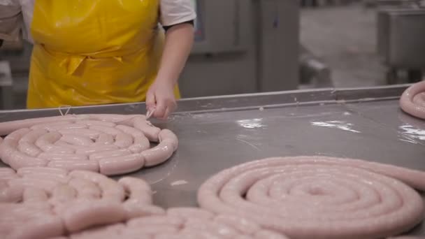 ソーセージの生産開始。労働者は食肉処理の肉加工工場で装置を作動します。. — ストック動画