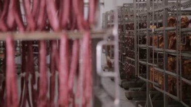 Gıda Depolama, ambar. Et ürünleri, et depo rafları asılı sosis derin dondurucu.