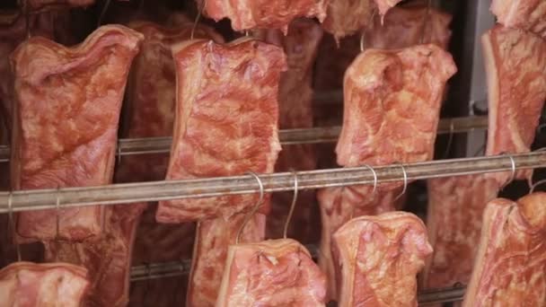 Carne fumada, costelas fumadas no armazém da fábrica. Fábrica de processamento de carne . — Vídeo de Stock