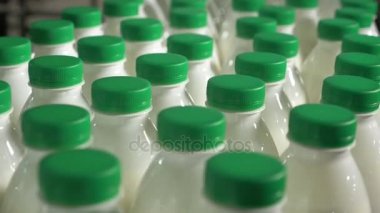 Süt üzerinde konveyör taşıma şişelerde. Süt süt fabrikası'nda bir Konveyör bant üzerinde yeşil kapakları.