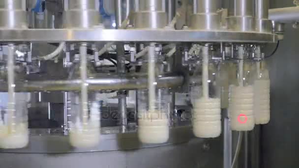 牛乳の生産工場での産業用機器のボトルに注いでミルク. — ストック動画