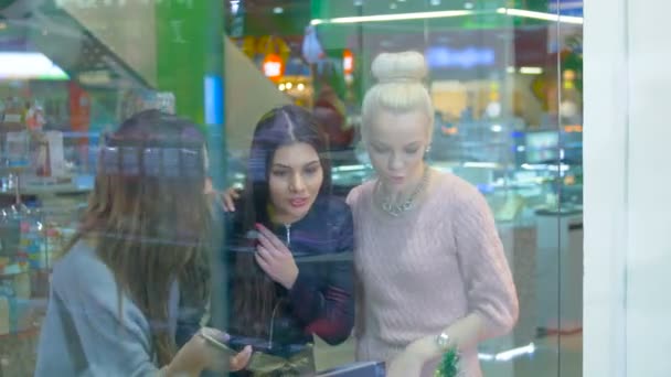 Señoras de pie junto a la ventana de la compra en el centro comercial, emocionalmente discutir compras . — Vídeo de stock