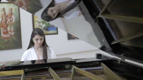 Pianista musical tocando piano de cauda clássico em um centro de sala de concertos. tiro Steadycam . — Vídeo de Stock