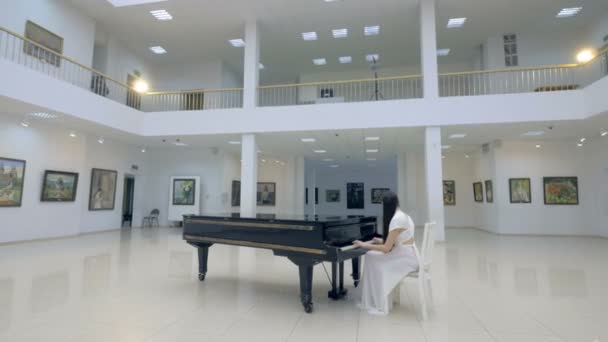 Muzyczne pianista grający klasyczny fortepian w centrum sali koncertowej. Steadycam strzał. — Wideo stockowe