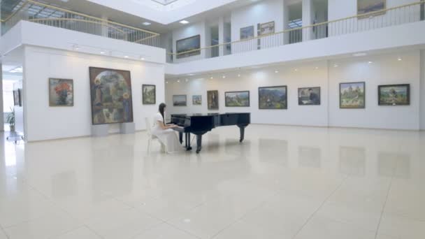 优雅的女人钢琴家弹钢琴在歌剧厅. — 图库视频影像