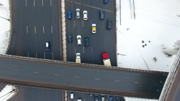 Top view of traffic on a freeway. Aerial. — Stock Video