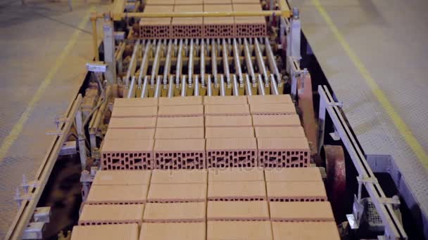 Μεταφορική ταινία με τούβλα σε εργοστάσιο παραγωγής τούβλων. — Αρχείο Βίντεο