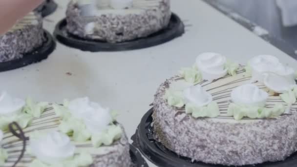 Lo chef prepara le torte. Tubo pasticceria diffusione meringa su torte . — Video Stock