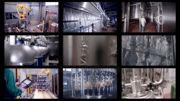 Production line of carbonated drinks. Multiscreen montage. Industrial background. — Stock Video