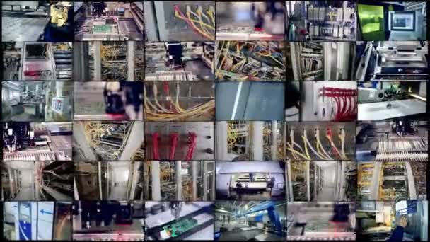 Automated circuit board production, computer wires. Video wall. Monitors, screens in motion. — Stock Video