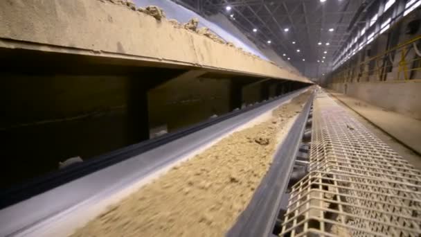 Tanah bergerak pada konveyor di pabrik pertambangan modern. Tembak Slider . — Stok Video