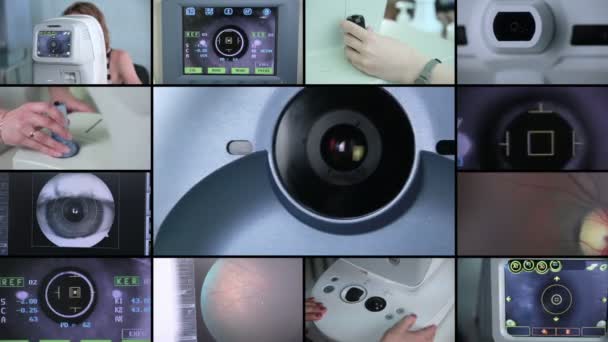 Διαίρεση οθόνης μοντάζ. Σύγχρονη μηχανή αυτοματοποιημένη εξέταση του βολβού του ματιού. Eye εξέταση φόντο. — Αρχείο Βίντεο