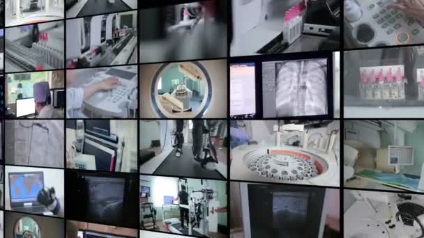 Medizinisches, modernes Apotheken-Equipment, Split-Screen-Videowand. Medizinkonzept. — Stockvideo