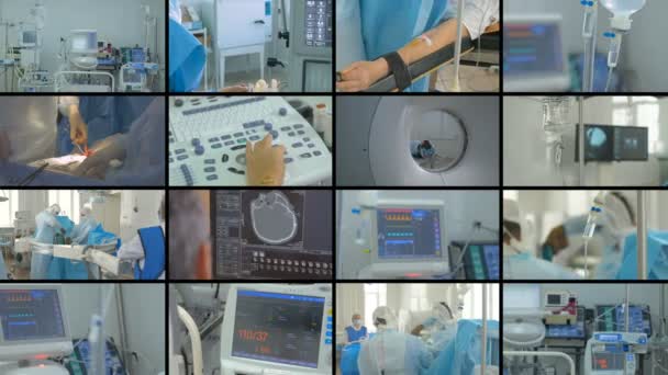 Equipamento médico moderno split screen videowall. Conceito de medicina moderna . — Vídeo de Stock