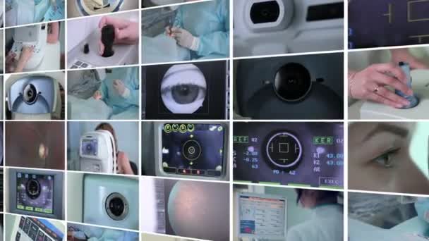 Automated machine examining eyeball. Modern eye examination background. Split screen montage. — Stock Video