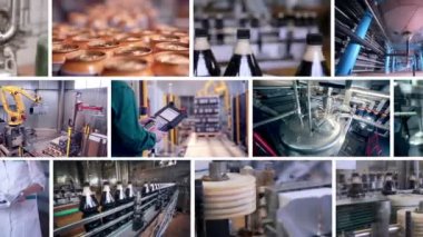 Pop ve soda, gazlı içecekler endüstriyel üretim hattı. Birden çok ekran.