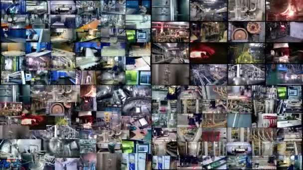 Automated equipment, robots working at a modern factory. Multiscreen background. — Stock Video