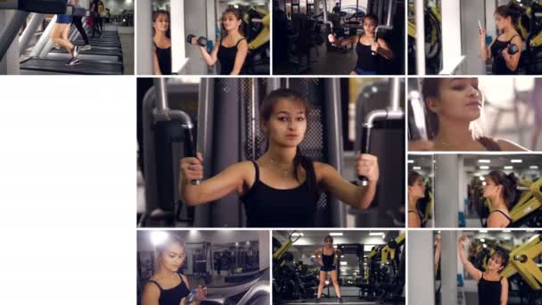 Kvinna i gymmet. Aktiv sport, hälsosam livsstil bakgrund. — Stockvideo