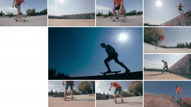 Skateboarder fare trucchi al tramonto. Sport sfondo multischermo . — Video Stock