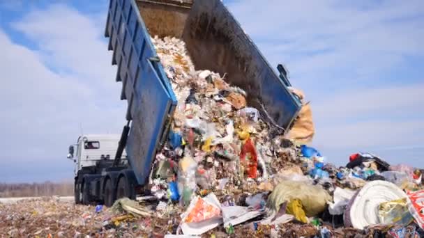 Śmieciarka wyrzucać śmieci na wysypiska. Pojazdu transportującego śmieci odpadów. — Wideo stockowe