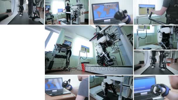 Człowiek z innowacyjne robotyczne Vr cybernetyczny systemu chodzenia jak robot. Multiscreen. — Wideo stockowe