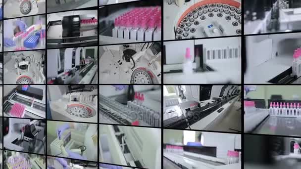 Laboratory, medical modern equipment working. Medical concept. Multiscreen montage. — Stock Video