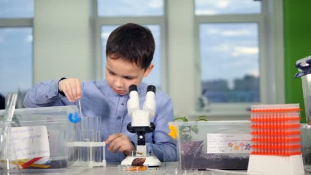 Ученик в школе проводит научный эксперимент в классе химии . — стоковое видео