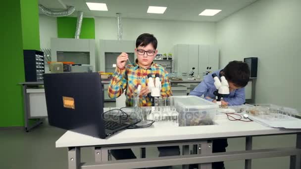 Băieți tineri care fac chimie, experimente de biologie în laboratorul școlar . — Videoclip de stoc