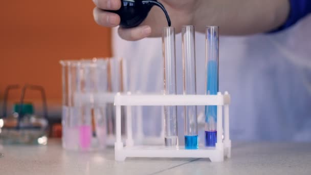 Le mani dello studente aggiungono reagenti chimici nel flaconcino, provetta in laboratorio. Primo piano . — Video Stock