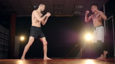 Güçlü bir ileri tekme ortağı için veren Mma savaşçı. Ağır çekim.