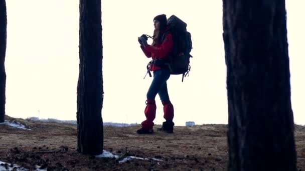 Γυναικεία σιλουέτα με σακίδιο πεζοπορία στο δάσος. Αργή κίνηση. — Αρχείο Βίντεο