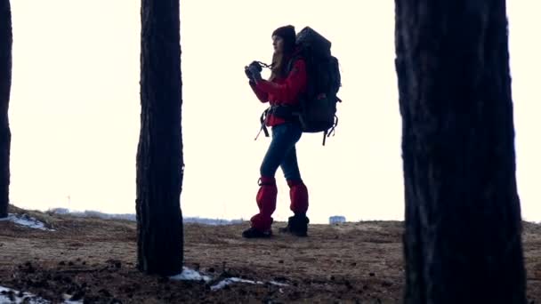 Weibliche Silhouette mit rucksack wandern im wald. Zeitlupe. — Stockvideo