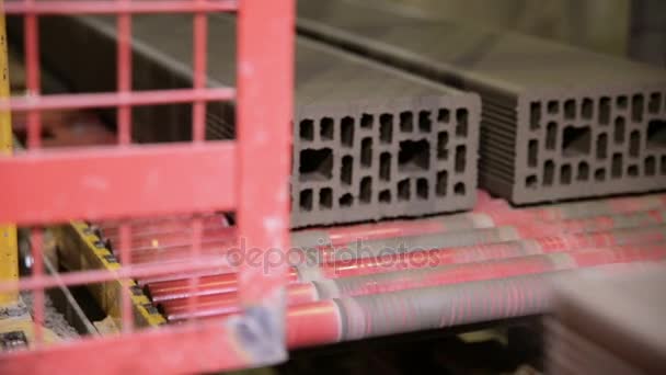 Transportband van een bakstenen productiemachine in een fabriek productielijn. — Stockvideo
