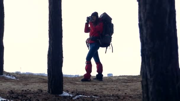 La silueta turística hace fotos en el bosque . — Vídeos de Stock