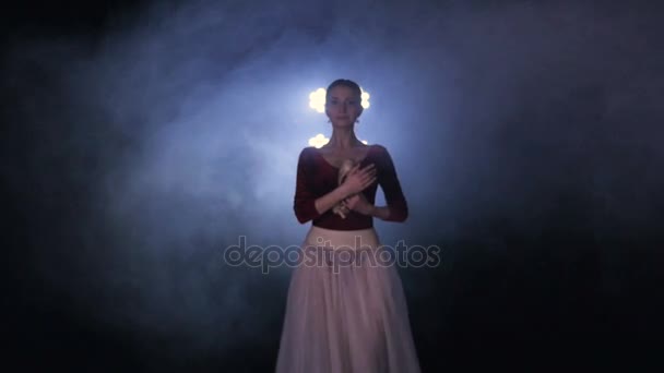 Graceful ballerina coming up with pointe shoes. Close-up. Portrait. HD. — Stock Video