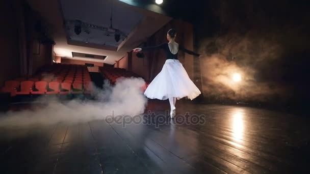 Beautiful ballerina girl turning around, dancing in theatre. Steadicam. HD. — Stock Video